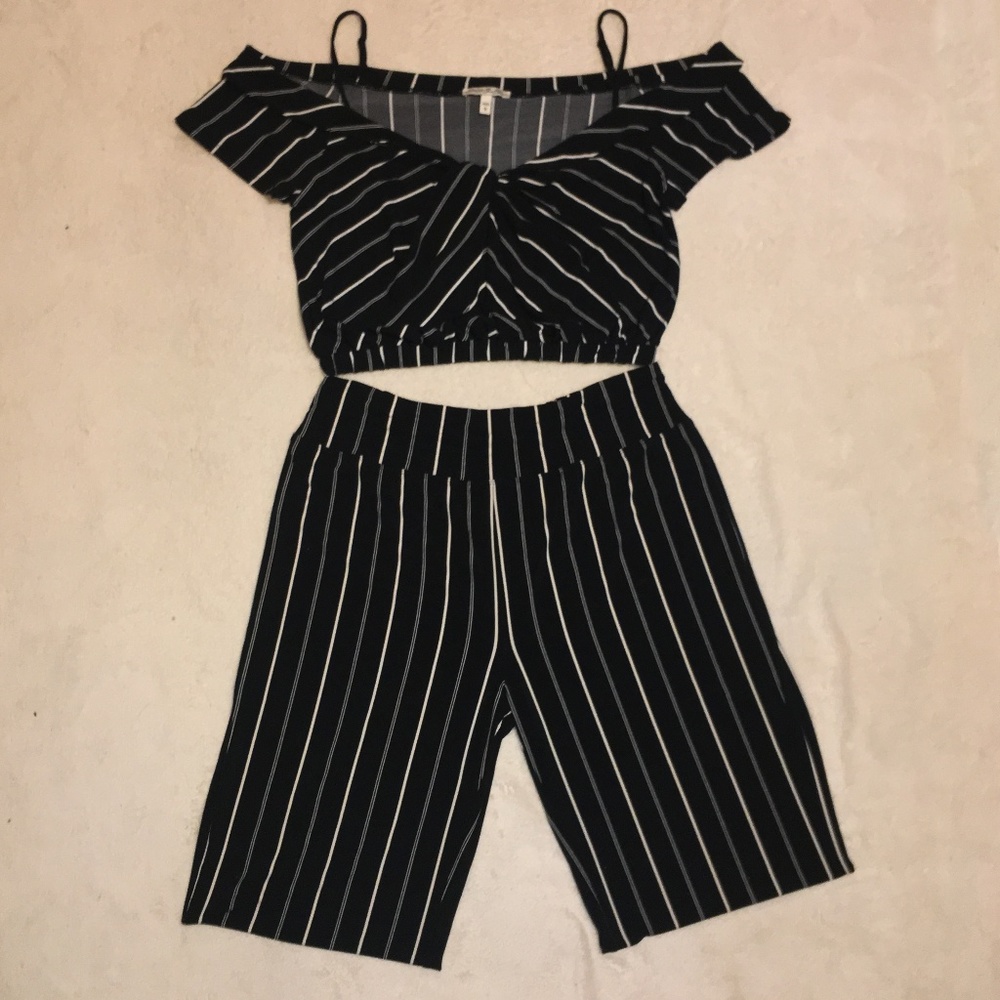 Two Piece Off the Shoulder Striped Jumpsuit